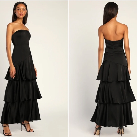 LULUS Prom Wedding Bridesmaid Tiered Ruffles Bohemian Satin Black Maxi Dress - Picture 3 of 3